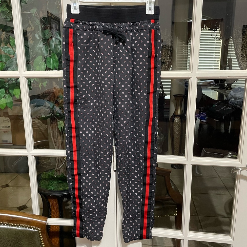 The Kooples Black Sport Silk Joggers with Red Stripe Size 2